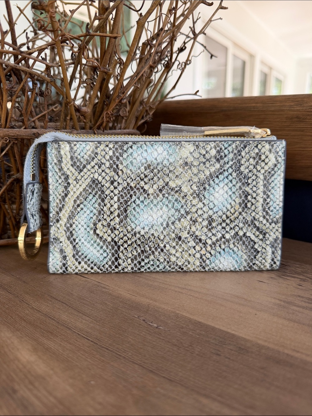 G.I.L.I. Snake-Print Zip Pouch Wallet in Light Blue and Beige